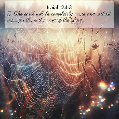 BBE Isaiah 24:3 overlaying nature image scene: Morning fog reveals spider web galaxies. Dew drops catch rainbow light.;3. The earth will be completely waste and without men; for this is the word of the Lord.