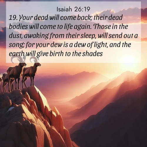 BasicEnglish Isaiah  ; image nature: image with the bible verse :Your dead will come back; their dead bodies will come to life again. Those in the dust, awaking from their sleep, will send out a song; for your dew is a dew of light, and the earth will give birth to the shades. ; Admire stunning Bible verse images paired with photos of peaceful landscapes, such as foggy mornings, serene rivers, and blooming gardens. Download these free images and share verses like KJV Isaiah 26:19. Current verse is overlayed with the thematic nature scene : Desert bighorns pause on a knife-edge ridge. Sunset paints their horns in gold. ; 26:19