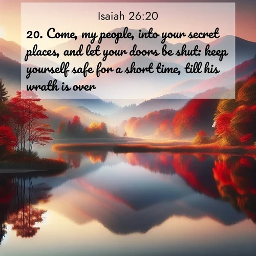 BasicEnglish Isaiah  ; image nature: image with the bible verse :Come, my people, into your secret places, and let your doors be shut: keep yourself safe for a short time, till his wrath is over. ; Discover Bible images adorned with spring landscapes, like tulip fields, cherry blossoms, and green hills. These bright scenes symbolize God&#039;s renewal and grace. Download verses like KJV Isaiah 26:20. Current verse is overlayed with the thematic nature scene : Autumn colors reflect in a still mountain lake at sunrise. ; 26:20