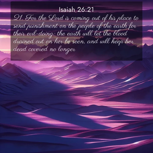 BasicEnglish Isaiah  ; image nature: image with the bible verse :For the Lord is coming out of his place to send punishment on the people of the earth for their evil-doing: the earth will let the blood drained out on her be seen, and will keep her dead covered no longer. ; Explore free Bible verse images with stunning nature themes, including sunlit paths, forest clearings, and endless horizons. Perfect for desktop backgrounds or phone wallpapers. Verses include KJV Isaiah 26:21. Current verse is overlayed with the thematic nature scene : Morning light ignites mountain snow. Valleys sleep in purple shadow. ; 26:21