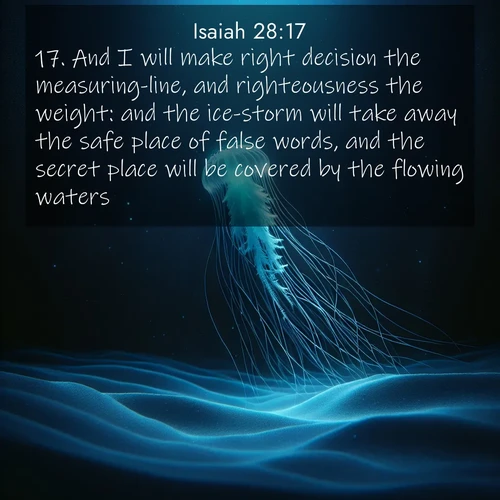 BasicEnglish Isaiah  ; image nature: image with the bible verse :And I will make right decision the measuring-line, and righteousness the weight: and the ice-storm will take away the safe place of false words, and the secret place will be covered by the flowing waters. ; Discover inspiring Bible verse images featuring natural wonders like lush forests, sunny horizons, and cascading waterfalls. Perfect for wallpapers or spiritual encouragement. Download verses like KJV Isaiah 28:17. Current verse is overlayed with the thematic nature scene : A lone jellyfish pulses through midnight waters. Its bioluminescent tendrils paint trails of azure light in the depths. ; 28:17