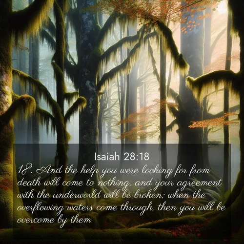 BasicEnglish Isaiah  ; image nature: image with the bible verse :And the help you were looking for from death will come to nothing, and your agreement with the underworld will be broken; when the overflowing waters come through, then you will be overcome by them. ; Dive into a gallery of Bible verses illustrated by tropical beach scenes, featuring sparkling waves, seashells, and radiant sunrises. These images evoke divine peace and joy. Download and share inspiring verses like KJV Isaiah 28:18. Current verse is overlayed with the thematic nature scene : Autumn fog shrouds an old-growth forest draped in moss and lichen. ; 28:18