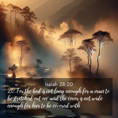 BasicEnglish Isaiah  ; image nature: image with the bible verse :For the bed is not long enough for a man to be stretched out on: and the cover is not wide enough for him to be covered with. ; Download Bible verse images featuring vibrant photos of nature, from snowy landscapes to golden deserts. These free images are perfect for phone wallpapers, desktop backgrounds, or sharing. Verses include KJV Isaiah 28:20. Current verse is overlayed with the thematic nature scene : Morning mist rises from thermal pools. Steam dragons dance in golden light. ; 28:20