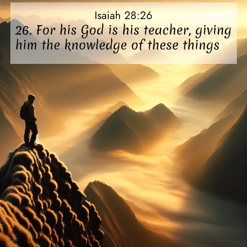 BasicEnglish Isaiah  ; image nature: image with the bible verse :For his God is his teacher, giving him the knowledge of these things. ; Discover beautiful Bible verse images that combine inspiring scripture with captivating nature photos. Download high-quality images featuring lush valleys, peaceful streams, and endless horizons like KJV Isaiah 28:26. Current verse is overlayed with the thematic nature scene : A solitary climber watches sunrise from a knife-edge ridge. Golden light spills into valleys of morning mist. ; 28:26