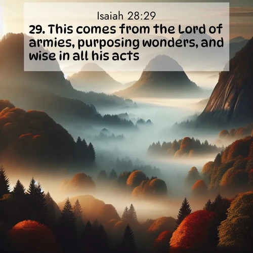 BasicEnglish Isaiah  ; image nature: image with the bible verse :This comes from the Lord of armies, purposing wonders, and wise in all his acts. ; Access a vast collection of Bible verse images illustrated with natural landscapes like calm rivers, blooming fields, and bright horizons. These images emphasize the serenity and splendor of God&#039;s creation, accompanied by aesthetic fonts and joyful colors. Download verses like KJV Isaiah 28:29 and share them. Current verse is overlayed with the thematic nature scene : Autumn fog rolls through valleys between ancient rounded mountains. ; 28:29
