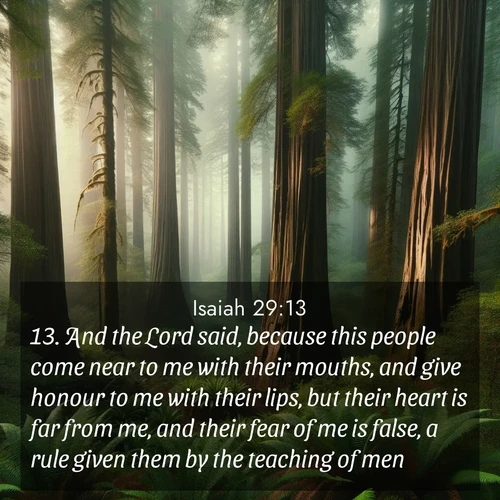 BasicEnglish Isaiah  ; image nature: image with the bible verse :And the Lord said, because this people come near to me with their mouths, and give honour to me with their lips, but their heart is far from me, and their fear of me is false, a rule given them by the teaching of men; ; Admire Bible verse images featuring tranquil rivers, golden fields, and starry heavens. These free-to-download images make inspiring wallpapers or thoughtful gifts. Download KJV Isaiah 29:13 now. Current verse is overlayed with the thematic nature scene : Coastal redwoods disappear into the fog high above a fern grove. ; 29:13