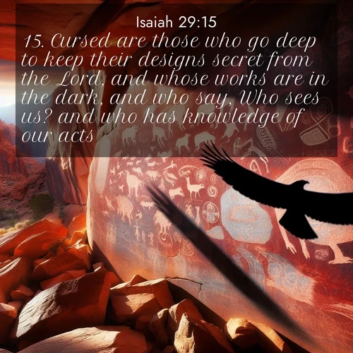 BasicEnglish Isaiah  ; image nature: image with the bible verse :Cursed are those who go deep to keep their designs secret from the Lord, and whose works are in the dark, and who say, Who sees us? and who has knowledge of our acts? ; Discover Bible verse images capturing the warmth of summer, with beach landscapes, sunlit fields, and clear skies. These bright scenes reflect divine joy. Share verses like KJV Isaiah 29:15. Current verse is overlayed with the thematic nature scene : Ancient petroglyphs weather on red canyon walls. A circling hawk&#039;s shadow passes over the timeless art. ; 29:15