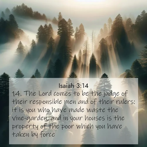 BasicEnglish Isaiah  ; image nature: image with the bible verse :The Lord comes to be the judge of their responsible men and of their rulers: it is you who have made waste the vine-garden, and in your houses is the property of the poor which you have taken by force. ; Admire our gallery of Bible verse images showcasing divine beauty in nature—whether snowy peaks or serene oceans. Each image is freely downloadable and perfect for personal or spiritual use. Share verses like KJV Isaiah 3:14. Current verse is overlayed with the thematic nature scene : Coastal redwoods disappear into fog. Filtered sunlight creates divine rays. ; 3:14