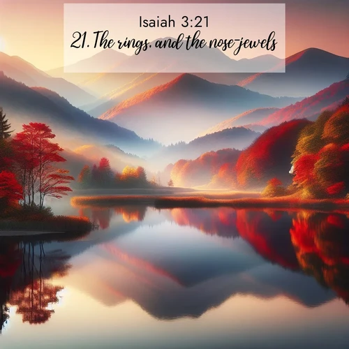 BasicEnglish Isaiah  ; image nature: image with the bible verse :The rings, and the nose-jewels, ; Browse our collection of vibrant Bible verse images set against calming backdrops like tropical shores, quiet woods, and majestic mountains. Download free wallpapers featuring KJV Isaiah 3:21. Current verse is overlayed with the thematic nature scene : Autumn colors reflect in a still mountain lake at sunrise. ; 3:21