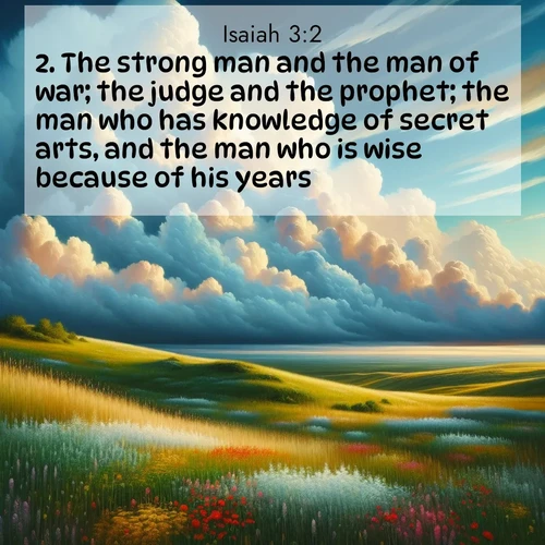 BasicEnglish Isaiah  ; image nature: image with the bible verse :The strong man and the man of war; the judge and the prophet; the man who has knowledge of secret arts, and the man who is wise because of his years; ; Download Bible verse images paired with breathtaking nature photos like golden deserts, shimmering seas, and blossoming orchards. These high-quality, free images are perfect for wallpapers or sharing. Verses include KJV Isaiah 3:2. Current verse is overlayed with the thematic nature scene : Summer thunderheads build over grasslands dotted with wildflowers. ; 3:2