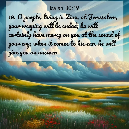 BBE Isaiah 30:19 overlaying nature image scene: Summer thunderheads build over grasslands dotted with wildflowers.;19. O people, living in Zion, at Jerusalem, your weeping will be ended; he will certainly have mercy on you at the sound of your cry; when it comes to his ear, he will give you an answer.