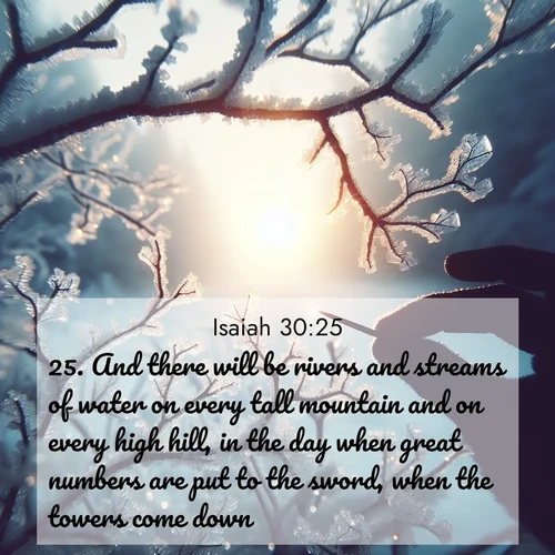BBE Isaiah 30:25 overlaying nature image scene: Winter sunrise glows through ice-coated branches.;25. And there will be rivers and streams of water on every tall mountain and on every high hill, in the day when great numbers are put to the sword, when the towers come down.
