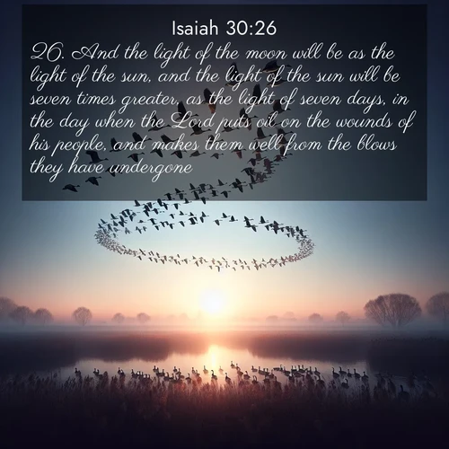BBE Isaiah 30:26 overlaying nature image scene: Wild geese arrow through dawn sky. Their calls wake sleeping marshes.;26. And the light of the moon will be as the light of the sun, and the light of the sun will be seven times greater, as the light of seven days, in the day when the Lord puts oil on the wounds of his people, and makes them well from the blows they have undergone.