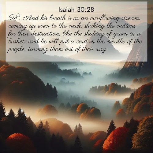 BBE Isaiah 30:28 overlaying nature image scene: Autumn fog rolls through valleys between ancient rounded mountains.;28. And his breath is as an overflowing stream, coming up even to the neck, shaking the nations for their destruction, like the shaking of grain in a basket: and he will put a cord in the mouths of the people, turning them out of their way.