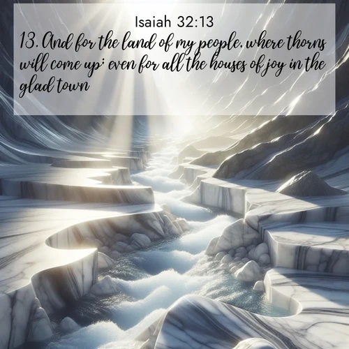 BasicEnglish Isaiah  ; image nature: image with the bible verse :And for the land of my people, where thorns will come up; even for all the houses of joy in the glad town. ; Explore an exceptional collection of Bible verse images accompanied by photos of nature, showcasing snowy mountains, serene forests, and still lakes. These images feature luminous tones and varied fonts to bring serenity and inspiration. Share uplifting verses like KJV Isaiah 32:13. Current verse is overlayed with the thematic nature scene : Mountain streams carve marble smooth. Sunlight dances on clear pools. ; 32:13