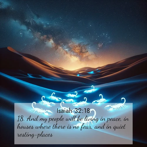 BasicEnglish Isaiah  ; image nature: image with the bible verse :And my people will be living in peace, in houses where there is no fear, and in quiet resting-places. ; Explore free Bible verse images with stunning nature themes, including sunlit paths, forest clearings, and endless horizons. Perfect for desktop backgrounds or phone wallpapers. Verses include KJV Isaiah 32:18. Current verse is overlayed with the thematic nature scene : Desert scorpions glow under black light. Stars wheel in infinite darkness. ; 32:18