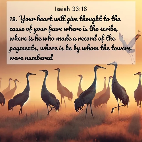 BBE Isaiah 33:18 overlaying nature image scene: Sandhill cranes dance in morning mist. Their calls echo across the marsh.;18. Your heart will give thought to the cause of your fear: where is the scribe, where is he who made a record of the payments, where is he by whom the towers were numbered?