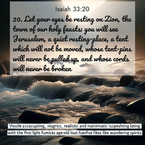 BBE Isaiah 33:20 overlaying nature image scene: Wild salmon leap ancient rapids. Mist rises like spirits at dawn.;20. Let your eyes be resting on Zion, the town of our holy feasts: you will see Jerusalem, a quiet resting-place, a tent which will not be moved, whose tent-pins will never be pulled up, and whose cords will never be broken.