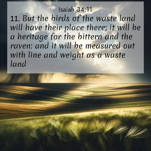 BasicEnglish Isaiah  ; image nature: image with the bible verse :But the birds of the waste land will have their place there; it will be a heritage for the bittern and the raven: and it will be measured out with line and weight as a waste land. ; Explore a rich collection of Bible verse images beautifully illustrated by natural landscapes, such as colorful skies, towering mountains, and tranquil rivers. The images highlight the serenity of God&#039;s creation with vivid tones and carefully chosen typography. Download and share inspiring verses like KJV Isaiah 34:11. Current verse is overlayed with the thematic nature scene : Summer storms approach across vast prairie skies. ; 34:11