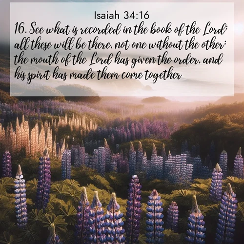 BasicEnglish Isaiah  ; image nature: image with the bible verse :See what is recorded in the book of the Lord: all these will be there, not one without the other: the mouth of the Lord has given the order, and his spirit has made them come together. ; Dive into a gallery of Bible verses illustrated by tropical beach scenes, featuring sparkling waves, seashells, and radiant sunrises. These images evoke divine peace and joy. Download and share inspiring verses like KJV Isaiah 34:16. Current verse is overlayed with the thematic nature scene : Wild lupines carpet a coastal meadow. Ocean fog rolls in on silent feet. ; 34:16