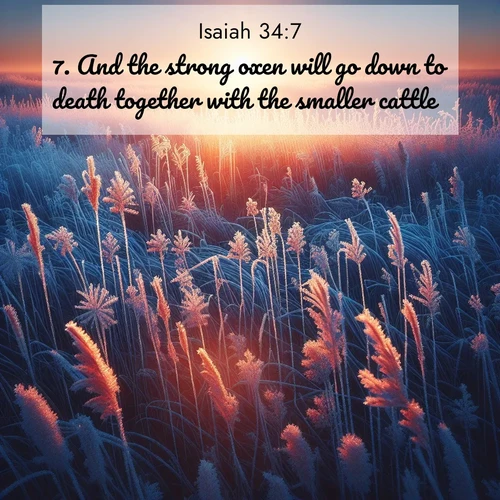 BasicEnglish Isaiah  ; image nature: image with the bible verse :And the strong oxen will go down to death together with the smaller cattle. ; Explore Bible verse images beautifully illustrated with spring scenes, such as blooming meadows, trees in full bloom, and tranquil streams. These landscapes convey divine hope and vitality. Download and share verses like KJV Isaiah 34:7. Current verse is overlayed with the thematic nature scene : Winter sunrise illuminates frost-covered prairie grass. ; 34:7