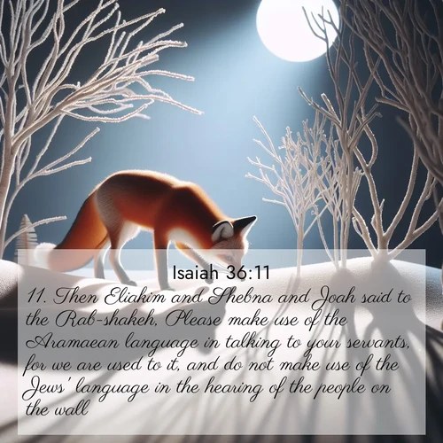 BasicEnglish Isaiah  ; image nature: image with the bible verse :Then Eliakim and Shebna and Joah said to the Rab-shakeh, Please make use of the Aramaean language in talking to your servants, for we are used to it, and do not make use of the Jews&#039; language in the hearing of the people on the wall. ; Explore a collection of free Bible verse images paired with serene landscapes like golden beaches, verdant forests, and clear blue skies. Each image is ideal for desktop or phone wallpapers. Share verses like KJV Isaiah 36:11. Current verse is overlayed with the thematic nature scene : A red fox hunts through pristine snow. Moon shadows dance between bare trees. ; 36:11