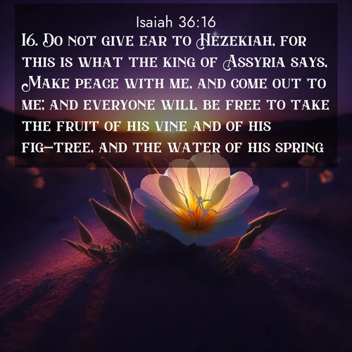 BasicEnglish Isaiah  ; image nature: image with the bible verse :Do not give ear to Hezekiah, for this is what the king of Assyria says, Make peace with me, and come out to me; and everyone will be free to take the fruit of his vine and of his fig-tree, and the water of his spring; ; Browse our selection of stunning Bible verse images featuring unique natural scenes like fiery autumn forests, serene meadows, and starlit skies. Download and share verses like KJV Isaiah 36:16 for free. Current verse is overlayed with the thematic nature scene : Desert evening primrose opens to the setting sun. Stars emerge in the deepening purple sky. ; 36:16