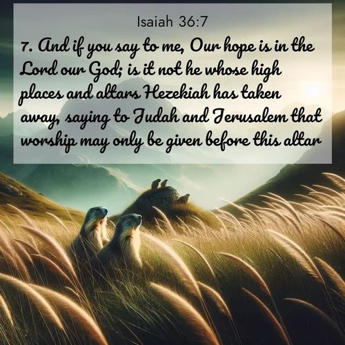 BasicEnglish Isaiah  ; image nature: image with the bible verse :And if you say to me, Our hope is in the Lord our God; is it not he whose high places and altars Hezekiah has taken away, saying to Judah and Jerusalem that worship may only be given before this altar? ; Browse our library of beautiful Bible verse images, perfect for wallpapers or sharing. Each verse is paired with serene natural landscapes like misty mountains, calming beaches, and colorful sunsets. Download and enjoy verses such as KJV Isaiah 36:7. Current verse is overlayed with the thematic nature scene : Mountain meadow grasses bend in wind. Marmots whistle from rocky outcrops. ; 36:7