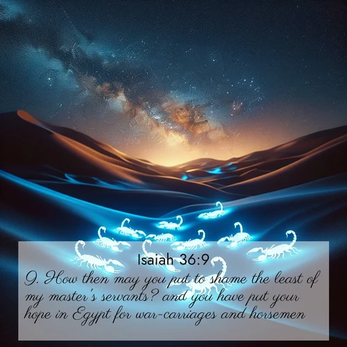 BasicEnglish Isaiah  ; image nature: image with the bible verse :How then may you put to shame the least of my master&#039;s servants? and you have put your hope in Egypt for war-carriages and horsemen: ; Browse a vast collection of Bible verse images featuring awe-inspiring landscapes such as calm lakes, vibrant sunsets, and peaceful fields. Download them for free and enjoy verses like KJV Isaiah 36:9. Current verse is overlayed with the thematic nature scene : Desert scorpions glow under black light. Stars wheel in infinite darkness. ; 36:9