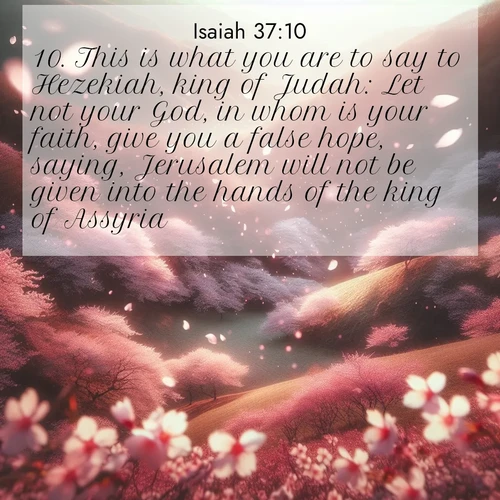 BasicEnglish Isaiah  ; image nature: image with the bible verse :This is what you are to say to Hezekiah, king of Judah: Let not your God, in whom is your faith, give you a false hope, saying, Jerusalem will not be given into the hands of the king of Assyria. ; Explore an inspiring selection of Bible verse images adorned with nature photos, such as starry skies, verdant hills, and golden beaches. Each image reflects the peace and beauty of God&#039;s creation with vibrant colors and varied fonts. Share uplifting verses like KJV Isaiah 37:10. Current verse is overlayed with the thematic nature scene : Cherry blossoms blanket the hillside in soft pink snow, swirling through the air like nature&#039;s confetti. ; 37:10
