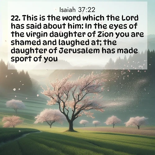 BasicEnglish Isaiah  ; image nature: image with the bible verse :This is the word which the Lord has said about him: In the eyes of the virgin daughter of Zion you are shamed and laughed at; the daughter of Jerusalem has made sport of you. ; Explore our gallery of inspiring Bible verse images showcasing divine beauty through nature. Download scenic images like snowy peaks, lush meadows, or radiant sunsets paired with verses like KJV Isaiah 37:22. Current verse is overlayed with the thematic nature scene : Spring winds scatter cherry blossoms like snow. ; 37:22