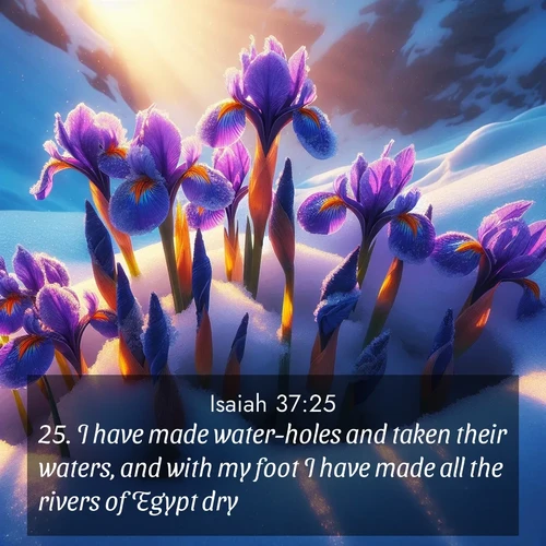 BasicEnglish Isaiah  ; image nature: image with the bible verse :I have made water-holes and taken their waters, and with my foot I have made all the rivers of Egypt dry. ; Browse a gallery of Bible verses paired with summer scenes, such as golden wheat fields, bright skies, and sunny beaches. These images convey the joy and warmth of God&#039;s creation. Download and share verses like KJV Isaiah 37:25. Current verse is overlayed with the thematic nature scene : Wild iris blooms pierce through melting snow. Alpine sunlight ignites their petals. ; 37:25