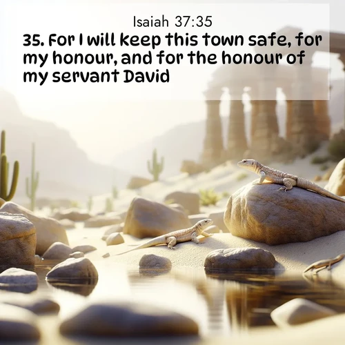 BasicEnglish Isaiah  ; image nature: image with the bible verse :For I will keep this town safe, for my honour, and for the honour of my servant David. ; Dive into our collection of Bible verse images beautifully illustrated with beach photos, featuring gentle waves, sunsets over the sea, and sandy shores. These scenes evoke the peace and majesty of God. Download and share inspiring verses like KJV Isaiah 37:35. Current verse is overlayed with the thematic nature scene : Desert lizards bask on sun-warmed rocks near ancient ruins. ; 37:35