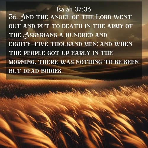 BasicEnglish Isaiah  ; image nature: image with the bible verse :And the angel of the Lord went out and put to death in the army of the Assyrians a hundred and eighty-five thousand men: and when the people got up early in the morning, there was nothing to be seen but dead bodies. ; Admire Bible verse images featuring tranquil rivers, golden fields, and starry heavens. These free-to-download images make inspiring wallpapers or thoughtful gifts. Download KJV Isaiah 37:36 now. Current verse is overlayed with the thematic nature scene : Prairie grass waves like a golden ocean. Storm clouds build towers on the horizon. ; 37:36