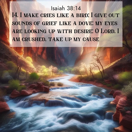 BasicEnglish Isaiah  ; image nature: image with the bible verse :I make cries like a bird; I give out sounds of grief like a dove: my eyes are looking up with desire; O Lord, I am crushed, take up my cause. ; Admire stunning Bible verse images paired with photos of peaceful landscapes, such as foggy mornings, serene rivers, and blooming gardens. Download these free images and share verses like KJV Isaiah 38:14. Current verse is overlayed with the thematic nature scene : Spring floods transform a desert canyon into a rushing river. ; 38:14