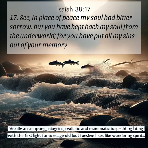 BasicEnglish Isaiah  ; image nature: image with the bible verse :See, in place of peace my soul had bitter sorrow. but you have kept back my soul from the underworld; for you have put all my sins out of your memory. ; Dive into our collection of Bible verses paired with breathtaking desert landscapes, featuring infinite dunes, shaded oases, and desert sunsets. These images highlight the majestic grandeur of God&#039;s creation. Download and share verses like KJV Isaiah 38:17. Current verse is overlayed with the thematic nature scene : Wild salmon leap ancient rapids. Mist rises like spirits at dawn. ; 38:17