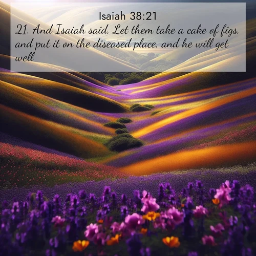 BasicEnglish Isaiah  ; image nature: image with the bible verse :And Isaiah said, Let them take a cake of figs, and put it on the diseased place, and he will get well. ; Admire our free collection of Bible verse images with beautiful landscapes like sunlit forests, rippling waters, and radiant dawns. Each verse, such as KJV Isaiah 38:21, is ready to download and share. Current verse is overlayed with the thematic nature scene : Spring wildflowers carpet rolling hills in purple and gold. ; 38:21