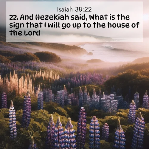 BasicEnglish Isaiah  ; image nature: image with the bible verse :And Hezekiah said, What is the sign that I will go up to the house of the Lord? ; Dive into our collection of Bible verses paired with breathtaking desert landscapes, featuring infinite dunes, shaded oases, and desert sunsets. These images highlight the majestic grandeur of God&#039;s creation. Download and share verses like KJV Isaiah 38:22. Current verse is overlayed with the thematic nature scene : Wild lupines carpet a coastal meadow. Ocean fog rolls in on silent feet. ; 38:22