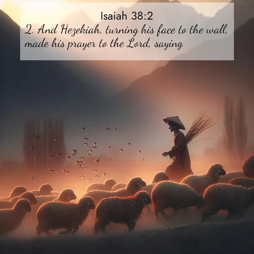 BasicEnglish Isaiah  ; image nature: image with the bible verse :And Hezekiah, turning his face to the wall, made his prayer to the Lord, saying, ; Browse our collection of vibrant Bible verse images set against calming backdrops like tropical shores, quiet woods, and majestic mountains. Download free wallpapers featuring KJV Isaiah 38:2. Current verse is overlayed with the thematic nature scene : A shepherd guides his flock home. Sunset paints wool golden red. ; 38:2