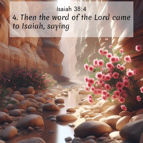 BasicEnglish Isaiah  ; image nature: image with the bible verse :Then the word of the Lord came to Isaiah, saying, ; Admire Bible verse images illustrated by desert scenes, such as sunsets over dunes, majestic rocks, and solitary cacti. These images capture the majesty of God in arid places. Download and share verses like KJV Isaiah 38:4. Current verse is overlayed with the thematic nature scene : Desert roses bloom in a hidden canyon after rare rainfall. Their pink petals contrast against weathered sandstone walls. ; 38:4