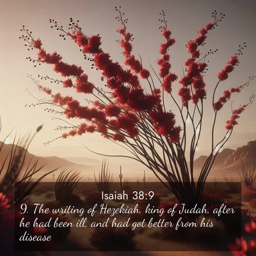 BasicEnglish Isaiah  ; image nature: image with the bible verse :The writing of Hezekiah, king of Judah, after he had been ill, and had got better from his disease. ; Explore a spring collection of Bible images, with landscapes of green hills, wildflowers, and crystal-clear streams. These images symbolize the blossoming of God&#039;s creation. Download verses like KJV Isaiah 38:9. Current verse is overlayed with the thematic nature scene : Desert ocotillo flames crimson red. Wind sings through thorny branches. ; 38:9