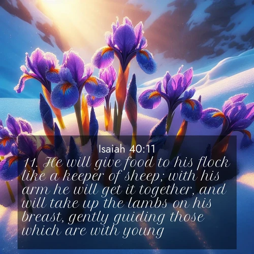 BasicEnglish Isaiah  ; image nature: image with the bible verse :He will give food to his flock like a keeper of sheep; with his arm he will get it together, and will take up the lambs on his breast, gently guiding those which are with young. ; Explore Bible verse images beautifully illustrated with spring scenes, such as blooming meadows, trees in full bloom, and tranquil streams. These landscapes convey divine hope and vitality. Download and share verses like KJV Isaiah 40:11. Current verse is overlayed with the thematic nature scene : Wild iris blooms pierce through melting snow. Alpine sunlight ignites their petals. ; 40:11