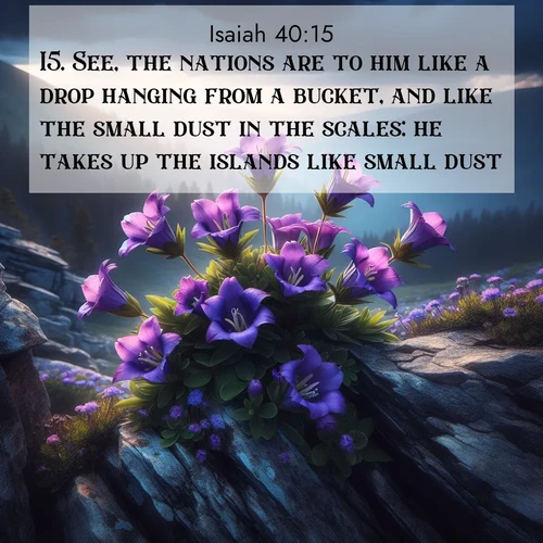 BasicEnglish Isaiah  ; image nature: image with the bible verse :See, the nations are to him like a drop hanging from a bucket, and like the small dust in the scales: he takes up the islands like small dust. ; Explore an exceptional collection of Bible verse images accompanied by photos of nature, showcasing snowy mountains, serene forests, and still lakes. These images feature luminous tones and varied fonts to bring serenity and inspiration. Share uplifting verses like KJV Isaiah 40:15. Current verse is overlayed with the thematic nature scene : Wild gentians bloom in rocky cracks. Summer storms gather above treeline. ; 40:15