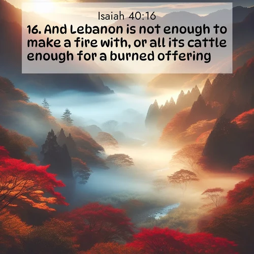BasicEnglish Isaiah  ; image nature: image with the bible verse :And Lebanon is not enough to make a fire with, or all its cattle enough for a burned offering. ; Browse a large collection of Bible verse images with photos showcasing the splendor of nature. Scenes of peaceful rivers, verdant valleys, and radiant skies enhance the inspiring verses. Each image reflects the serenity and joy of God&#039;s creation, with elegant text fonts. Download and share verses such as KJV Isaiah 40:16. Current verse is overlayed with the thematic nature scene : Autumn mist rises from a valley dotted with red and gold maples. ; 40:16