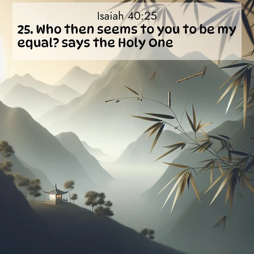 BasicEnglish Isaiah  ; image nature: image with the bible verse :Who then seems to you to be my equal? says the Holy One. ; Download Bible verse images paired with breathtaking nature photos like golden deserts, shimmering seas, and blossoming orchards. These high-quality, free images are perfect for wallpapers or sharing. Verses include KJV Isaiah 40:25. Current verse is overlayed with the thematic nature scene : Bamboo leaves whisper secrets in mountain wind. A temple bell rings in the distance. ; 40:25