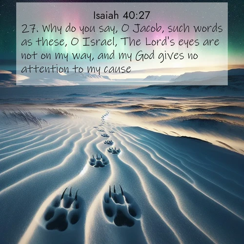 BasicEnglish Isaiah  ; image nature: image with the bible verse :Why do you say, O Jacob, such words as these, O Israel, The Lord&#039;s eyes are not on my way, and my God gives no attention to my cause? ; Dive into a gallery of Bible verses illustrated by tropical beach scenes, featuring sparkling waves, seashells, and radiant sunrises. These images evoke divine peace and joy. Download and share inspiring verses like KJV Isaiah 40:27. Current verse is overlayed with the thematic nature scene : Arctic fox tracks cross windswept tundra. Northern lights pulse overhead in cosmic rhythm. ; 40:27