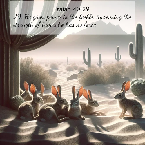 BasicEnglish Isaiah  ; image nature: image with the bible verse :He gives power to the feeble, increasing the strength of him who has no force. ; Explore Bible verses paired with beach photos, where waves gently crash on the sand and the sky glows with pastel hues at sunset. These scenes convey deep serenity. Download verses like KJV Isaiah 40:29. Current verse is overlayed with the thematic nature scene : Desert jackrabbits rest in cactus shade. Heat waves distort distant peaks. ; 40:29