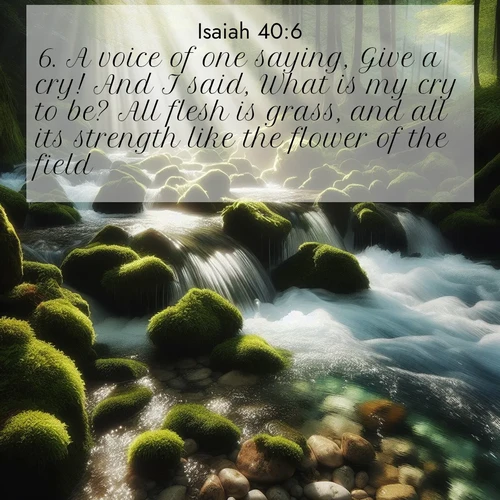 BasicEnglish Isaiah  ; image nature: image with the bible verse :A voice of one saying, Give a cry! And I said, What is my cry to be? All flesh is grass, and all its strength like the flower of the field. ; Download inspiring Bible verse images featuring stunning natural vistas, from tropical islands to rolling hills. These free images make perfect wallpapers or gifts. Share verses like KJV Isaiah 40:6. Current verse is overlayed with the thematic nature scene : A mountain stream tumbles through moss-covered stones. Sunlight dapples the crystal-clear water. ; 40:6