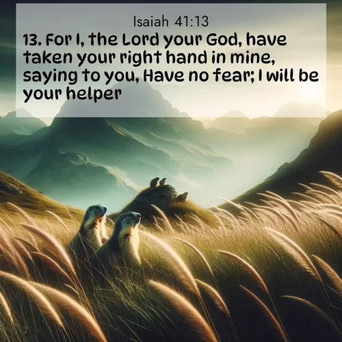 BBE Isaiah 41:13 overlaying nature image scene: Mountain meadow grasses bend in wind. Marmots whistle from rocky outcrops.;13. For I, the Lord your God, have taken your right hand in mine, saying to you, Have no fear; I will be your helper.
