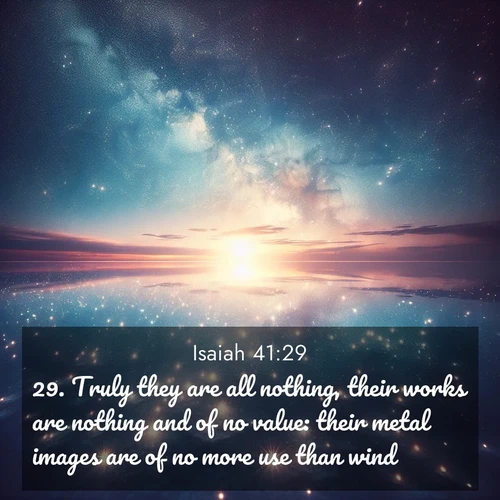 BBE Isaiah 41:29 overlaying nature image scene: Stars reflect perfectly in the salt flats after rainfall. The horizon disappears in the mirror-like expanse.;29. Truly they are all nothing, their works are nothing and of no value: their metal images are of no more use than wind.